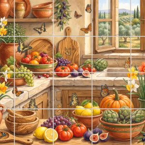 A rustic kitchen tile mural with fresh fruit, flowers, and a Tuscan view.