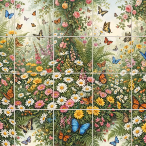 A tile mural of a wildflower meadow filled with colourful butterflies and ferns.