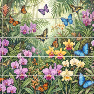 Tile mural of a tropical jungle with colourful butterflies, orchids, and green foliage.