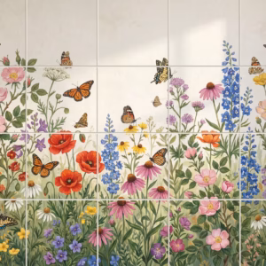 A ceramic tile mural of a multicoloured wildflower meadow with many different butterflies.