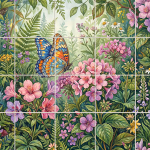 A painterly mural of a blue and orange butterfly on pink garden flowers.