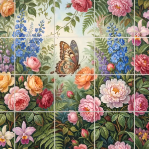 A detailed tile mural of a butterfly in a colourful flower garden.