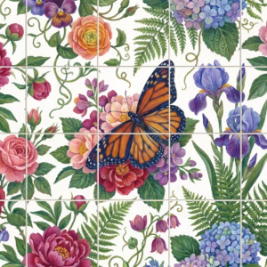 A floral tile mural with a Monarch butterfly, peonies, irises, and hydrangeas.