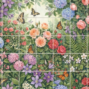 A tiled mural of a lush garden with colourful flowers and several butterflies.