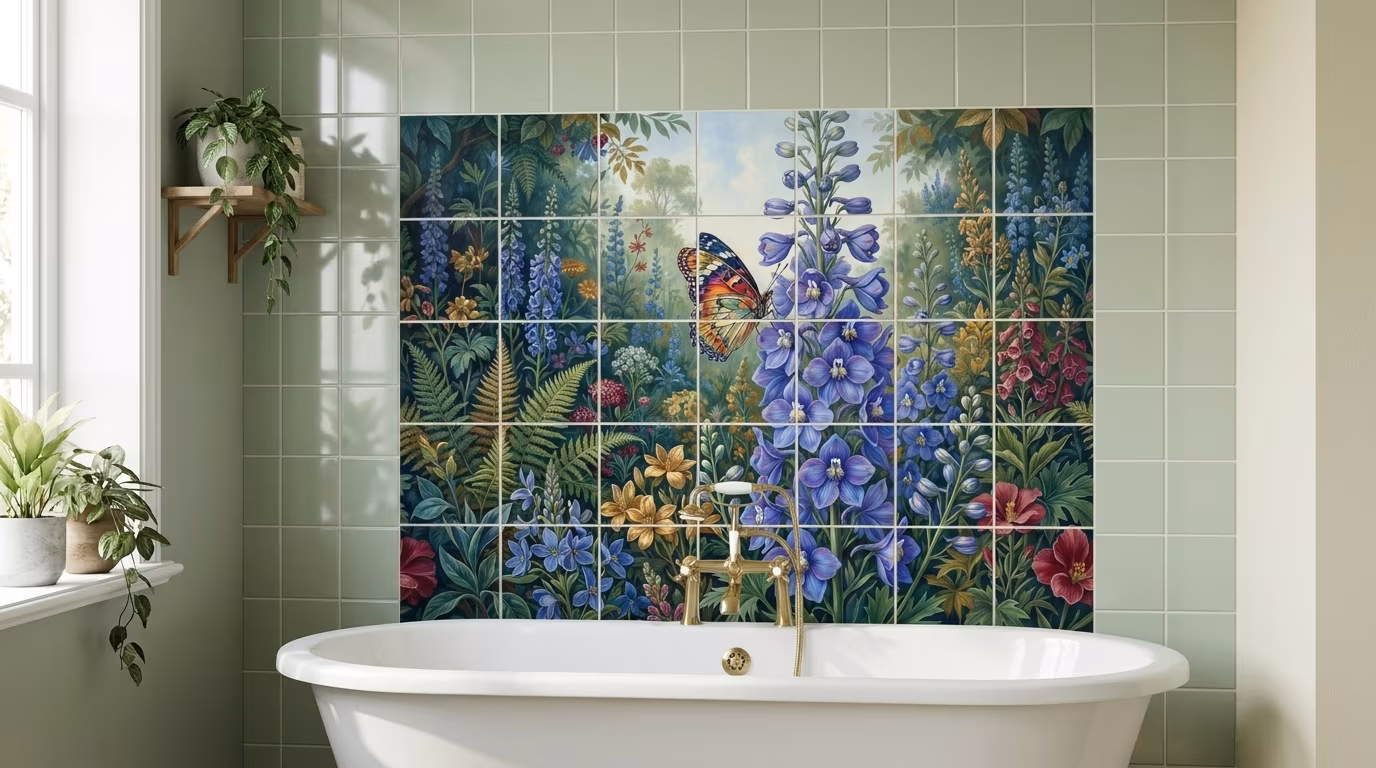 Butterlfy and Delphinium tile mural