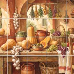 A rustic still life painting of a harvest table with squashes, garlic, grapes and herbs.