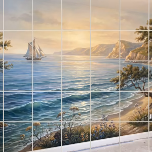 Tile mural of a painterly seascape with a sailboat, cliffs, and a beach.