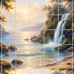 A classical painting of a waterfall cascading into the sea at a rocky cove.