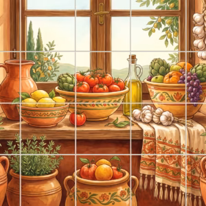 Illustrative still life of fresh vegetables and fruit by a sunny kitchen window.