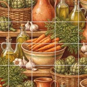 Carrots tile mural: a painterly still life of fresh vegetables like carrots and artichokes in baskets.