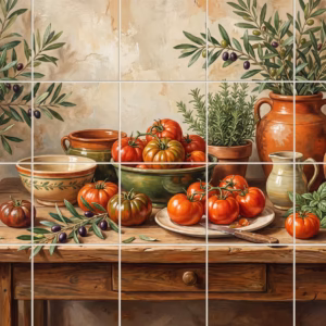 A painted still life of tomatoes, olives, herbs, and terracotta pots on a table.