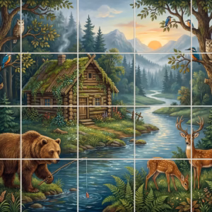 Illustrated woodland scene with a log cabin, river, fishing bear, and deer.