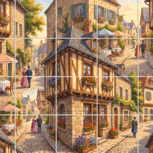 A watercolour painting of a quaint European village street with cafes and flowers.