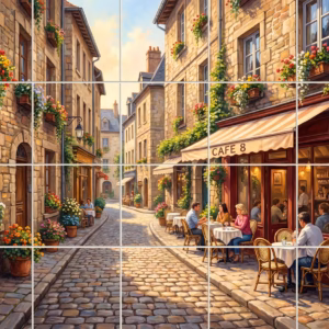 A painted mural of a European cafe on a cobblestone street with flowers.
