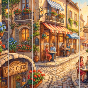 Watercolour painting of a sunny European cafe street with people dining outdoors.