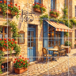 A painting of a sunny European café on a cobblestone street with red flowers.
