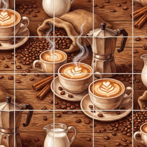 A repeating pattern of latte cups, coffee beans, and a moka pot.