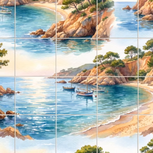 Watercolour mural of a sunny Mediterranean cove with boats on turquoise water.