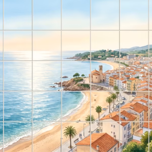 Watercolour mural of a Spanish coastal town with a beach and turquoise sea.