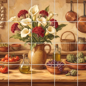 A painted still life of a rustic kitchen with flowers, vegetables, and pans.