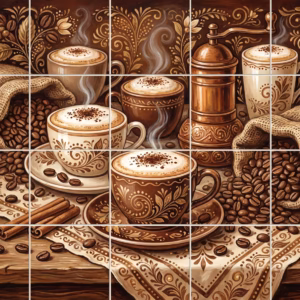 A rustic still life painting of coffee cups, beans, and a grinder.