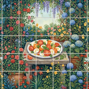 A painted tile mural of a Caprese salad on a stone table in a garden.
