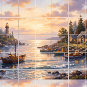 A painterly tile mural of a coastal harbour with boats and a lighthouse at sunset.