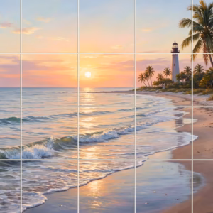A painted mural of a lighthouse on a tropical beach at sunset.