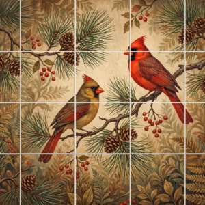 A male and female cardinal sit on a pine branch with berries and pinecones.