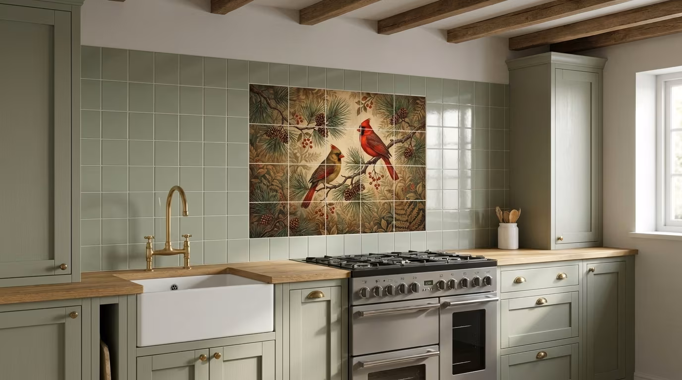 Cardinals and Pine - Tile Mural - Image 2