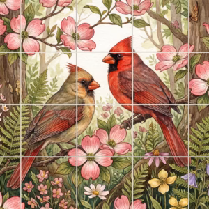 A watercolour tile mural of two cardinals perched among pink dogwood flowers.