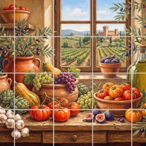 A painted still life of a Tuscan harvest before a window overlooking a vineyard.