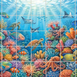 A colourful illustrated tile mural of a coral reef with turtles and fish.