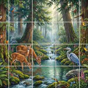 An idyllic forest scene tile mural with deer, a heron, and birds by a stream.