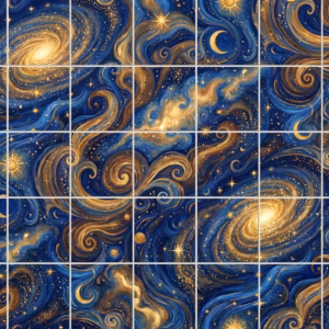 A painterly mural of a swirling blue and gold night sky with galaxies.
