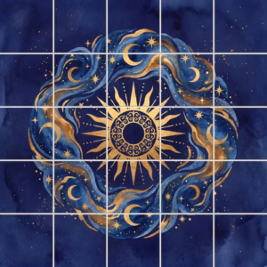 A circular celestial design with a gold sun, moons, and stars on blue tile.