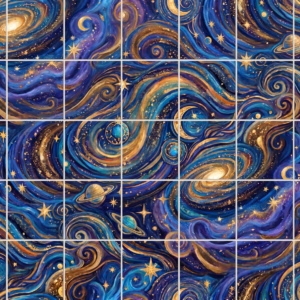 An impressionistic tile mural of a swirling cosmic night sky with stars and planets.