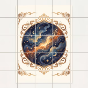 Ornate circular frame showing a celestial scene with a golden nebula and stars.