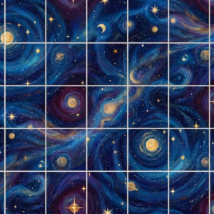A painterly tile mural of a swirling blue and gold starry night sky.