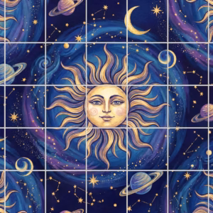 A tiled mural with a repeating pattern of a celestial sun, moons, and planets.