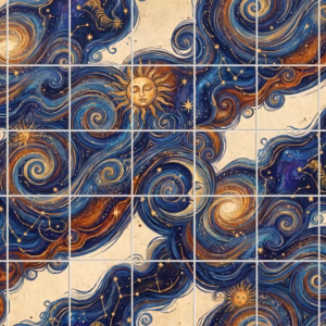 A vintage style celestial mural with swirling suns, moons, and constellations on tiles.