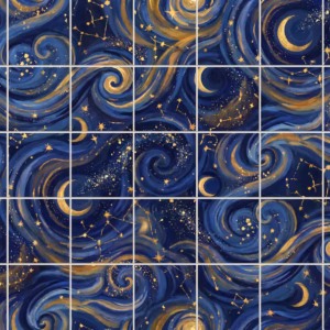 Tile mural depicting a painterly, swirling night sky with golden moons and stars.