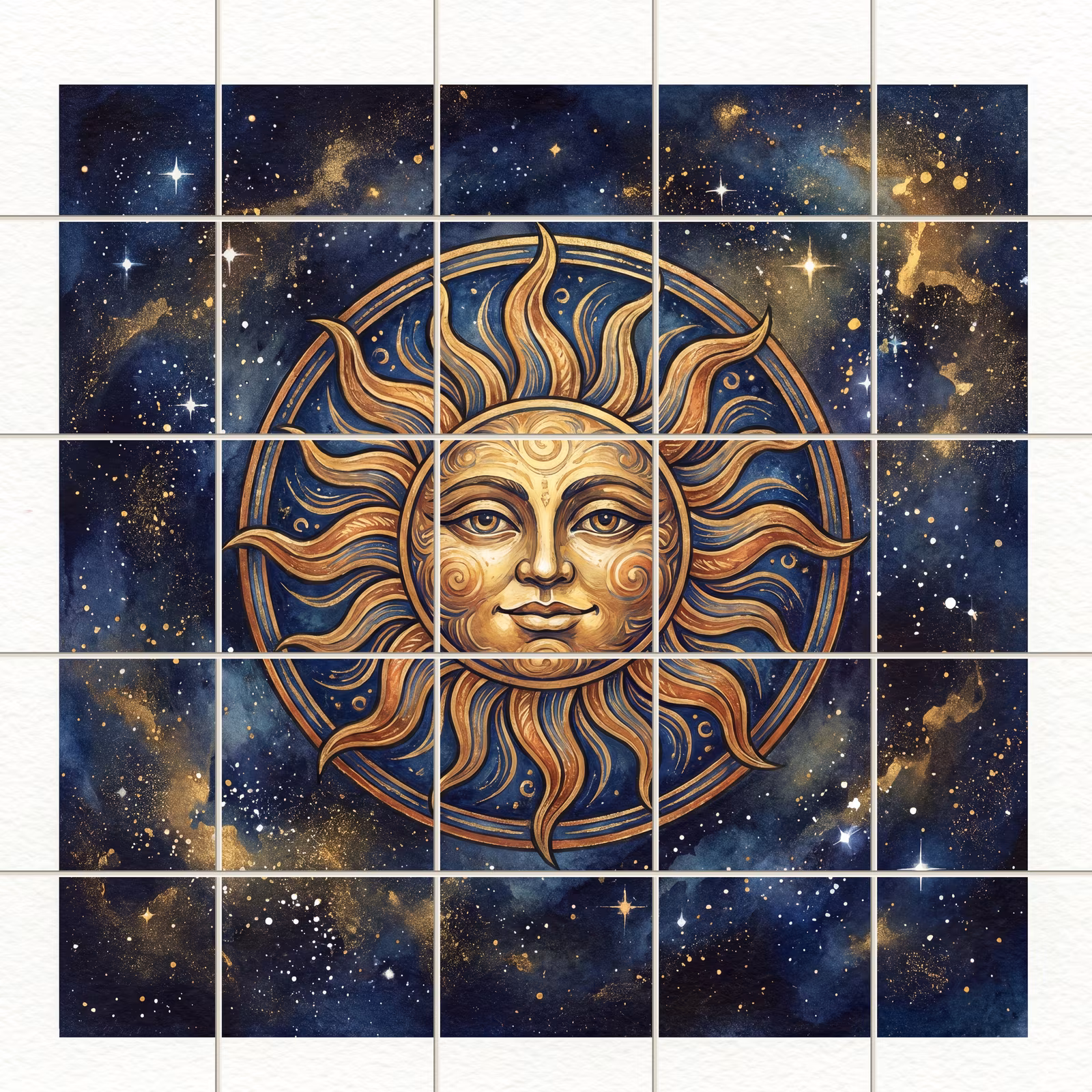 A tiled mural of a golden sun with a human face in a starry sky.