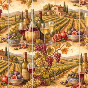 A repeating tile mural of a Tuscan vineyard with wine, grapes, and figs.