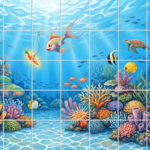 Cartoon illustration of a fish chasing a carrot over a colourful coral reef.