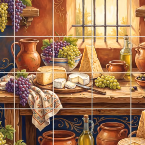 A rustic still life mural with cheese, grapes, and bread on a table.