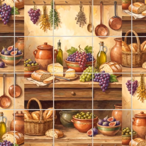 A watercolour mural of a rustic Mediterranean kitchen scene with bread, cheese, and fruit.