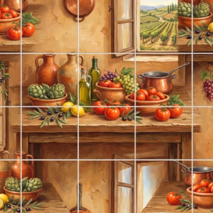 A rustic kitchen tile mural with tomatoes, artichokes, and a Tuscan vineyard view.