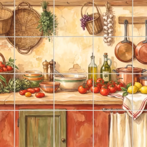 Watercolour mural of a rustic Italian kitchen scene with fresh food and cookware.