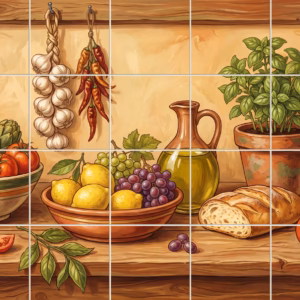 A painterly tile mural of a Mediterranean still life with fresh ingredients.